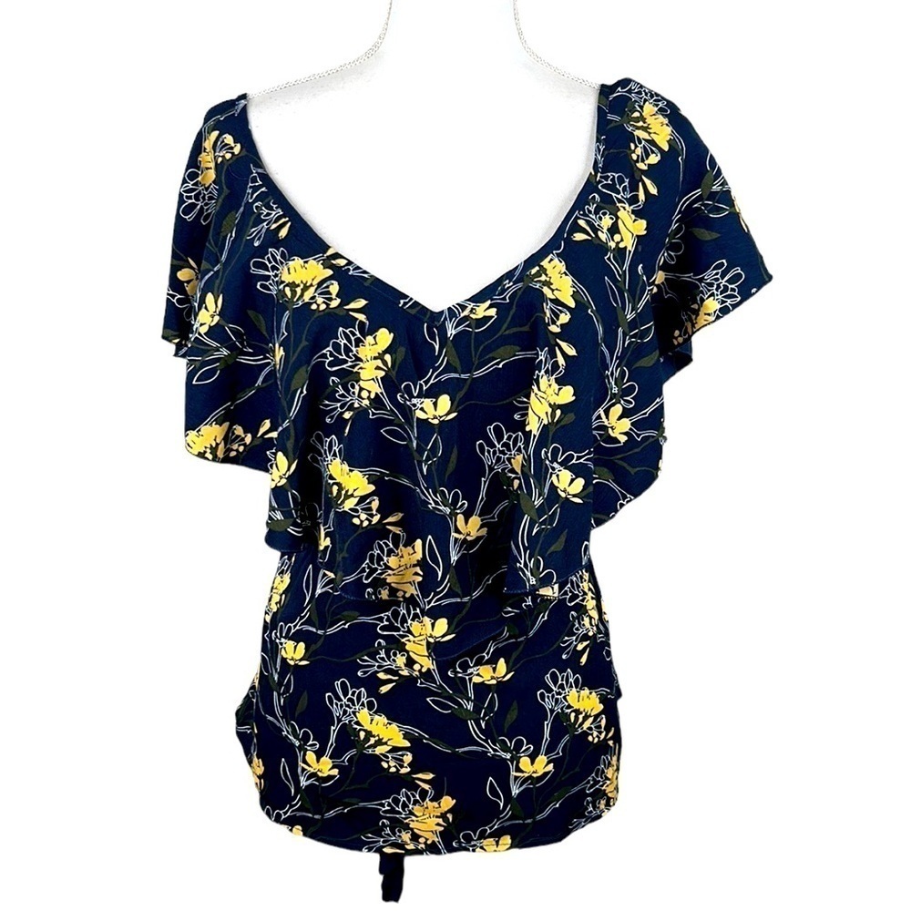Qed London Black Yellow Floral Ruffle Front‎ Tie Top Size Large